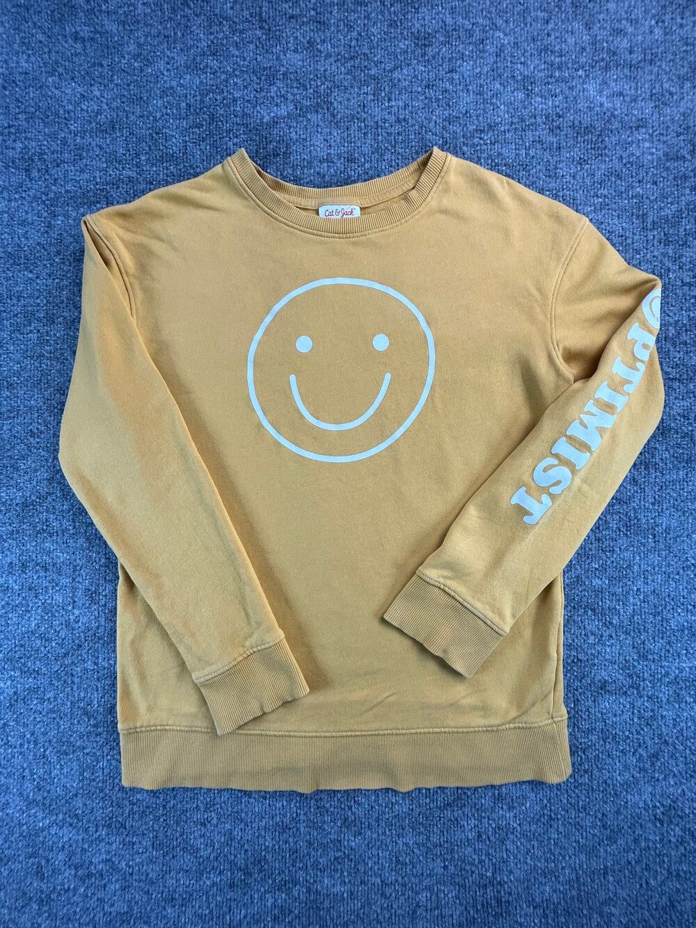 Cat & Jack Smiley Face Sweatshirt Youth Size XL Tan Graphic Crewneck Pullover